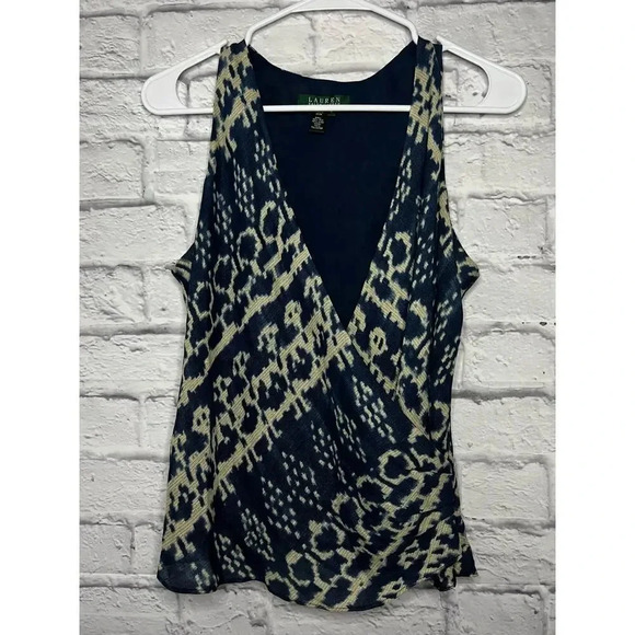 Lauren Ralph Lauren Vneck wrap Silk Linen tank top Cream Indigo SZ 8 - Picture 1 of 7